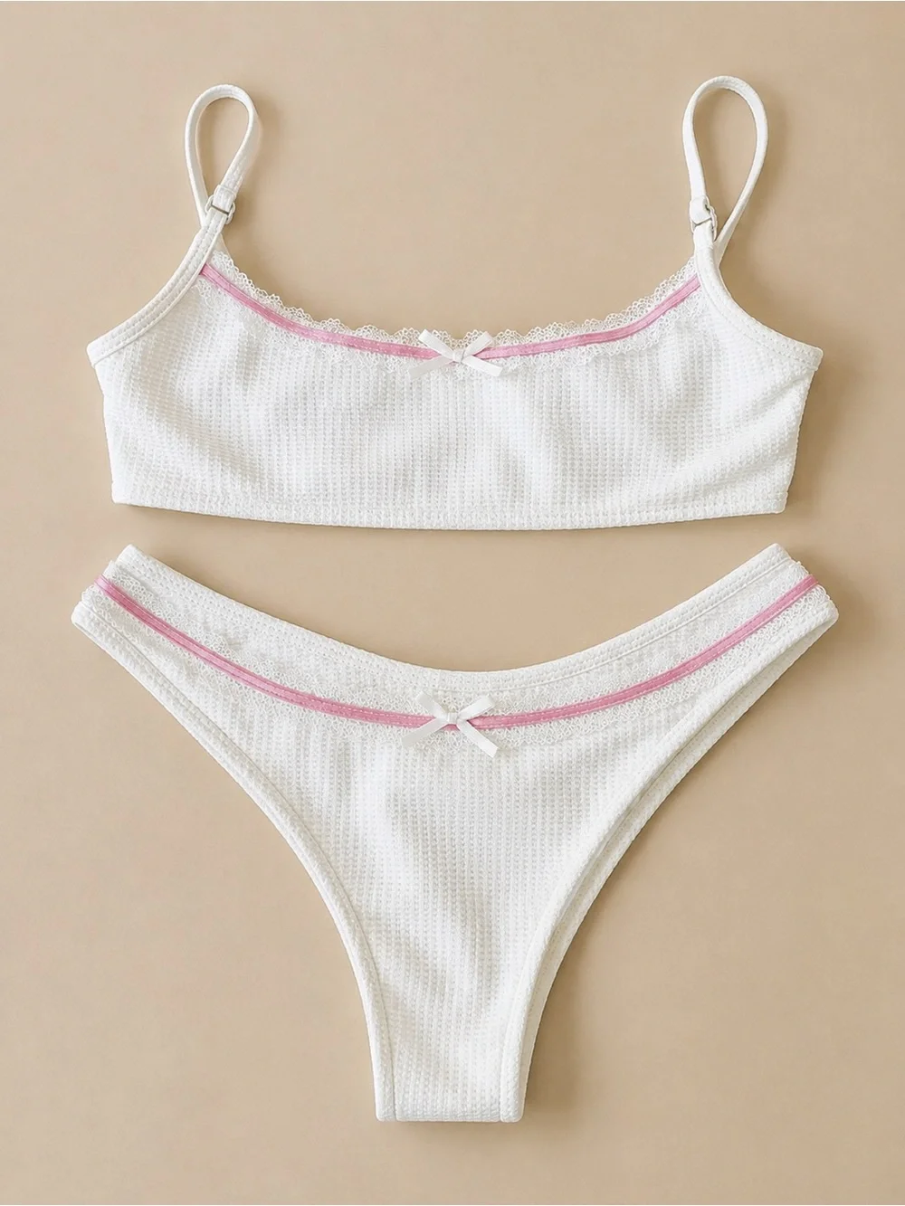 Frankie's Bikinis White Bikini Set with Pink Trim